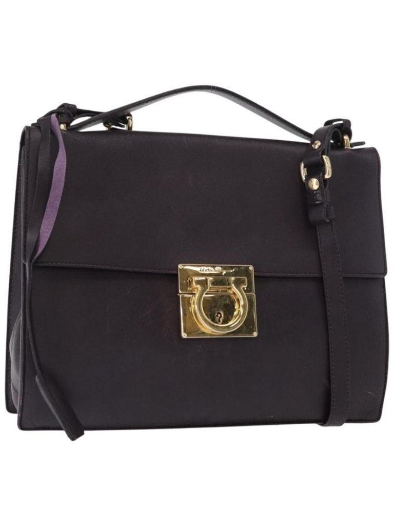 Authentic Salvatore Ferragamo Gancini Shoulder Bag Leather 2way Purple Gold